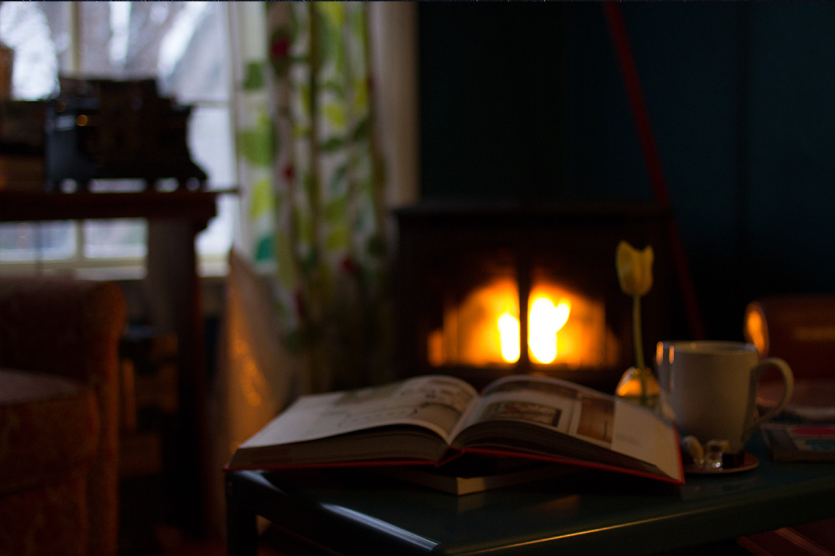 Reading by a fireplace