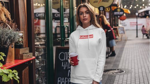 Girl wearing caffeinated hoodie from the Caffeinated Collection