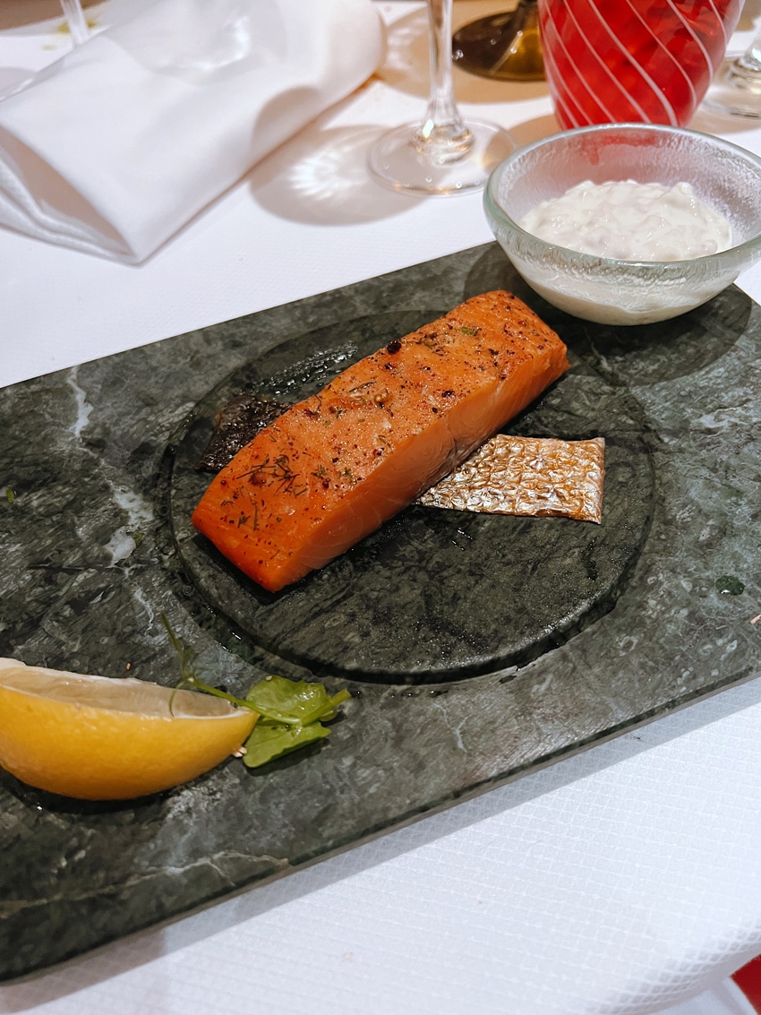 Rudi's Sel de Mer appetizers - Hot Smoked Salmon: cucumber-apple tzatziki