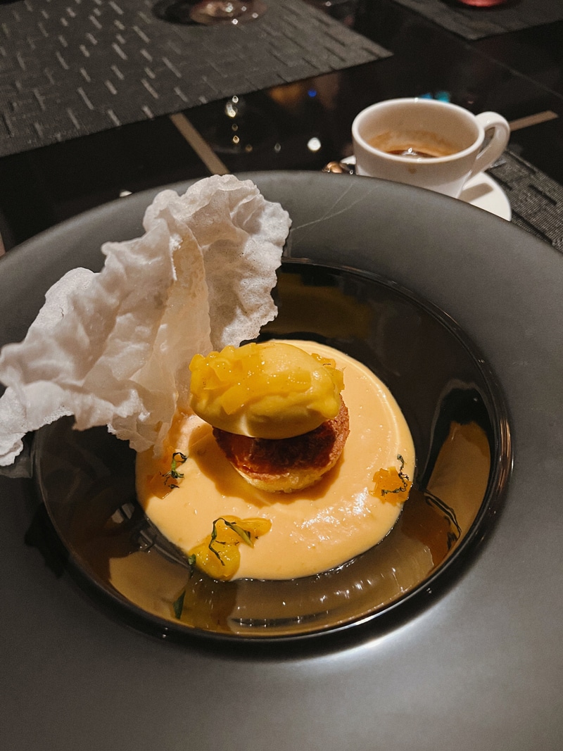 Tamarind Dessert - Mango Posset: coconut macaroon, passion fruit jelly, mango sorbet