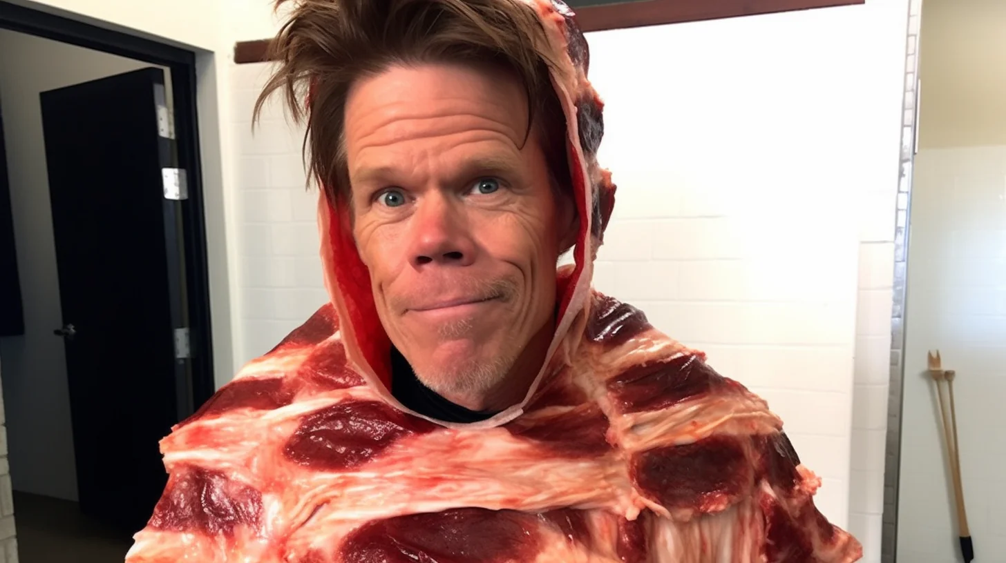 AI image of Kevin Bacon wrapped in bacon