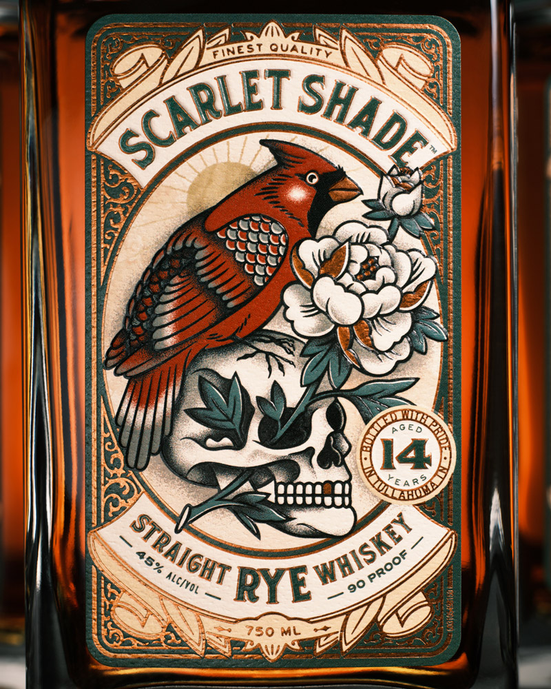 Close-up of the Scarlet Shade rye whiskey label