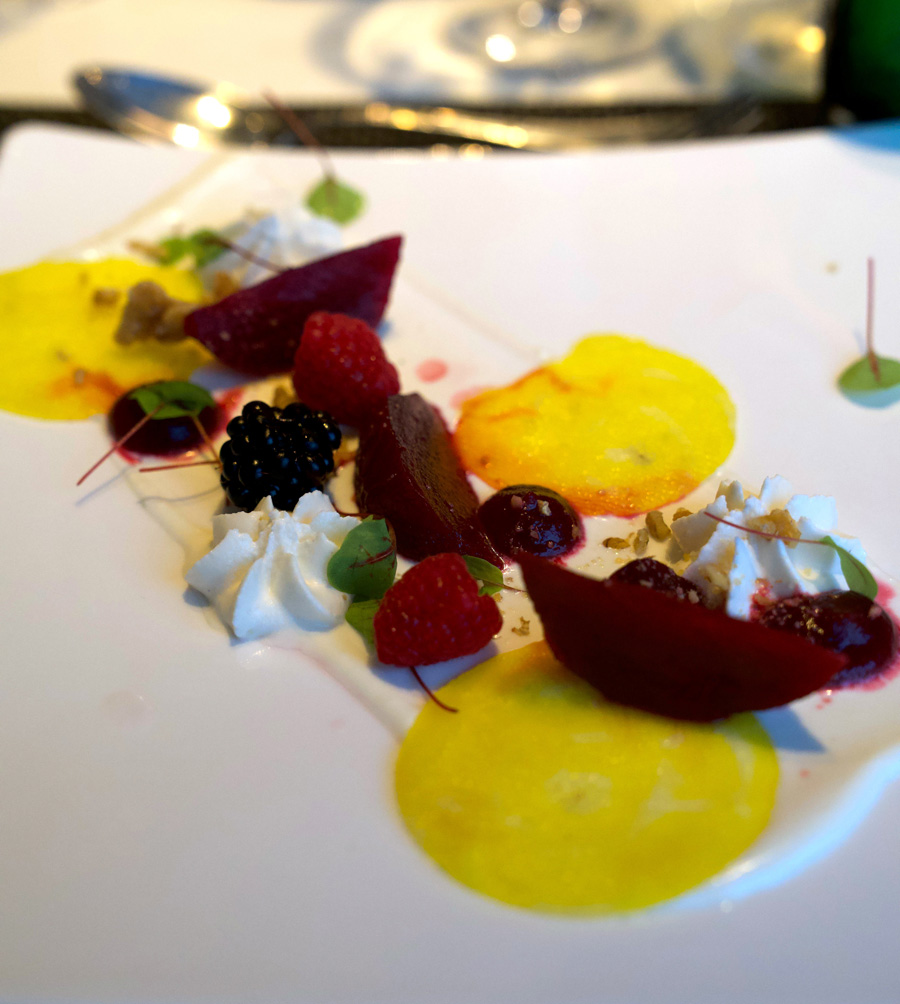 Red Beets with Goat Cheese Cream, Hazelnut, Forrest Berries, and Truffle Honey