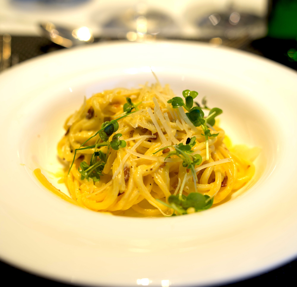 Spaghetti Carbonara with Egg, Crisp Pancetta, Parsley, and Parmesan Cheese