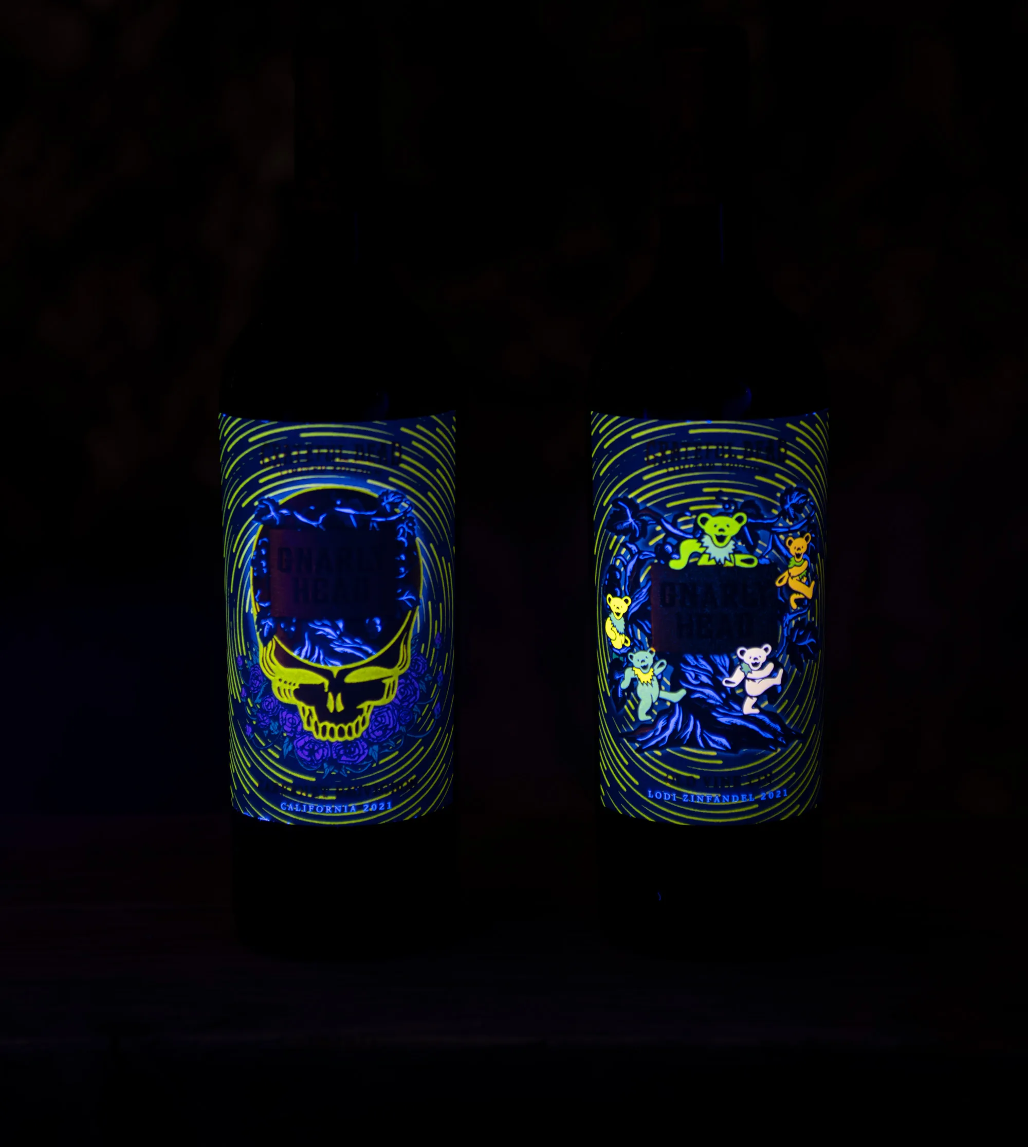 Glow in the dark Grateful Dead wine lables from Gnarly Head wines