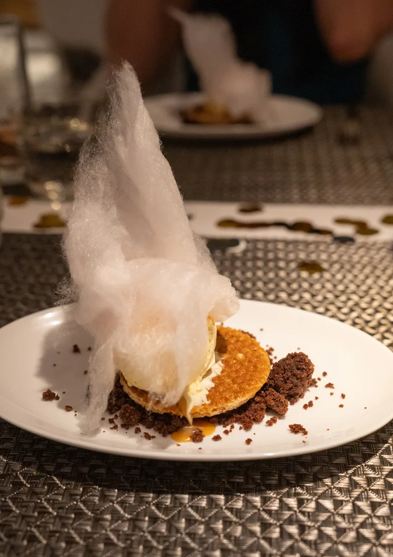 "Oops, I dropped the Ice Cream on the Floor" Hot Smashed Brownie, Vanilla Ice cream Stroopwafel, Caramel Sauce, Candy Floss