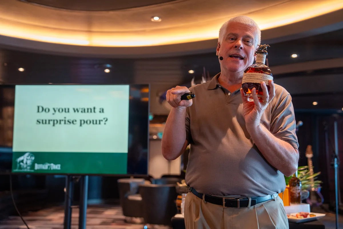 Drew Maryville hosting whiskey master class on Rotterdam cruise ship