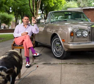 Raj Bhakta wit his pig promoting BHAKTA Hogsworth release