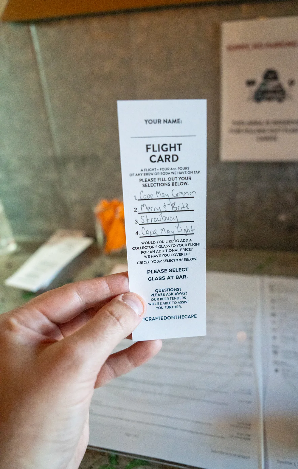 Cape May Brewing co flight card