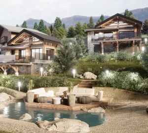 Exterior view of a luxury chalet at Domaine les Terres Bleues with Vosges mountains in the background