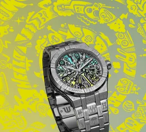 Maurice Lacroix AIKON Automatic Wotto Limited Edition watch with engraved steel case and colorful doodle dial