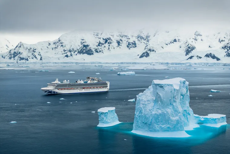 Cruise ship sailing past glaciers in Antarctica during Princess Cruises 2026–27 season