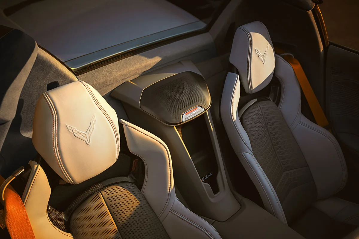 Interior of 2026 Chevrolet Corvette ZR1X with Sky Cool and Ash Gray leather and Habanero accents