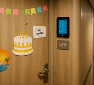 Cruise cabin door decorated with magnetic signs and themed magnets