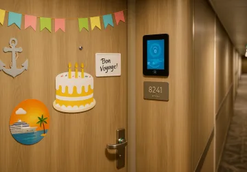 Cruise cabin door decorated with magnetic signs and themed magnets