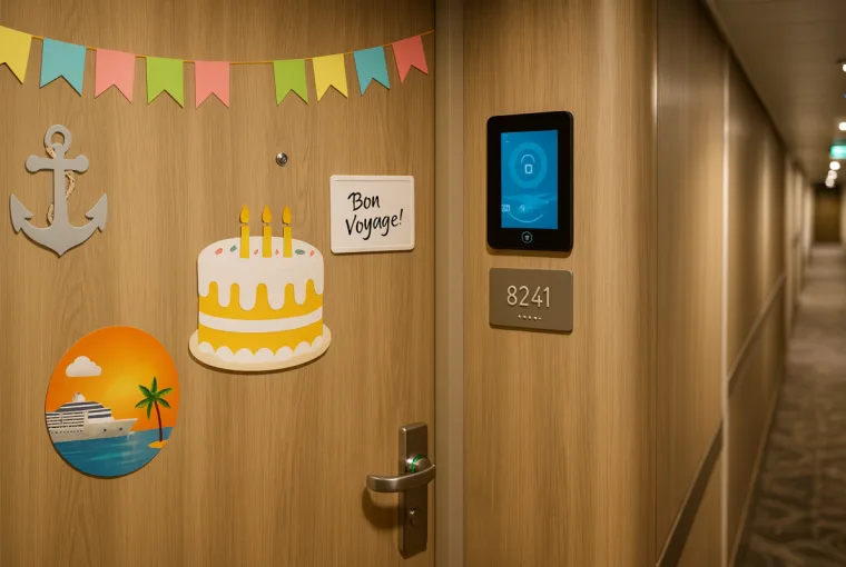 Cruise cabin door decorated with magnetic signs and themed magnets