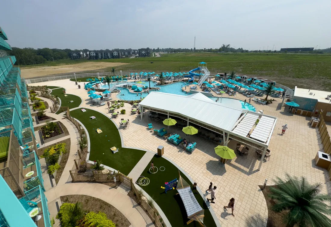 View of the pool from the room balcony at Margaritaville Hotel Kansas City