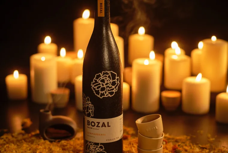Bozal Cempasúchil Mezcal Reserva black ceramic bottle with marigold design