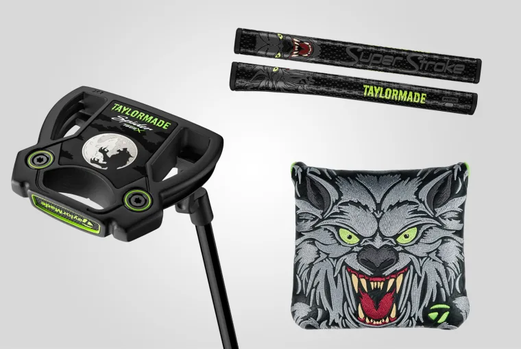 TaylorMade Midnight Howl Spider Tour X putter with black head, neon green accents, and werewolf design