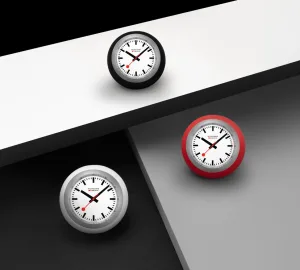 Mondaine Globe Clock displayed on a modern desk showcasing its Swiss minimalist design