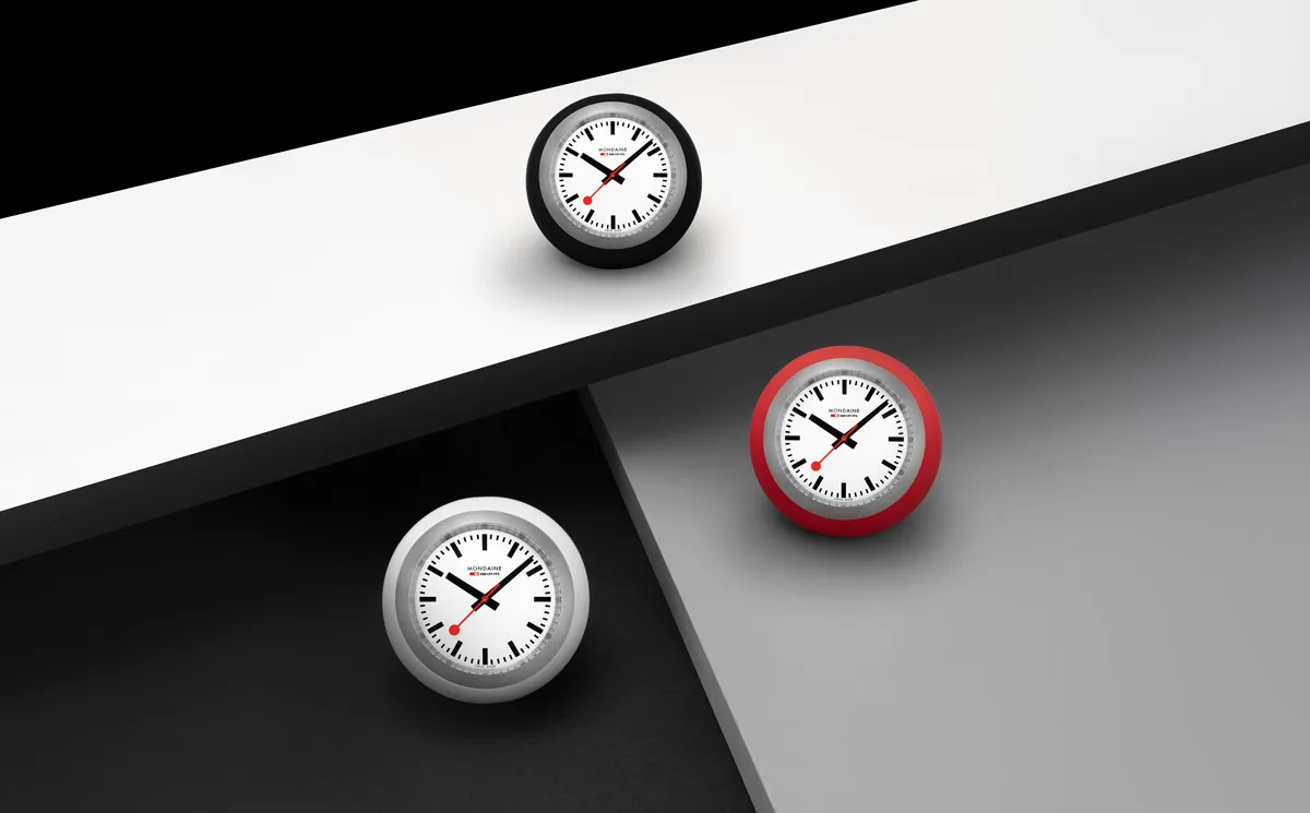 Mondaine Globe Clock displayed on a modern desk showcasing its Swiss minimalist design