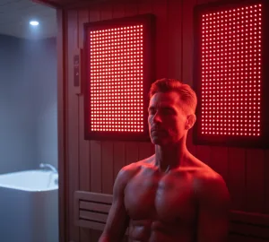 Full-spectrum infrared sauna for men's longevity systems.