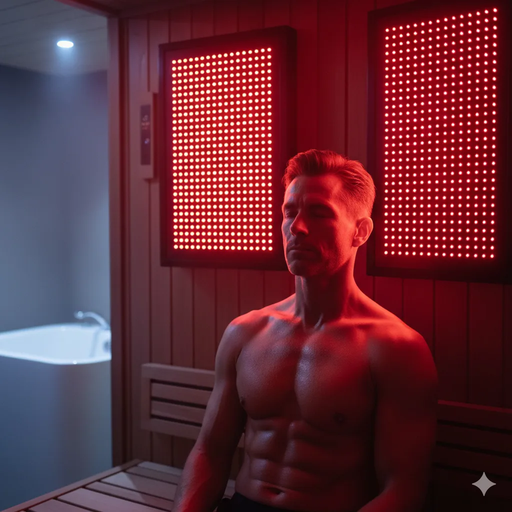 Full-spectrum infrared sauna for men's longevity systems.
