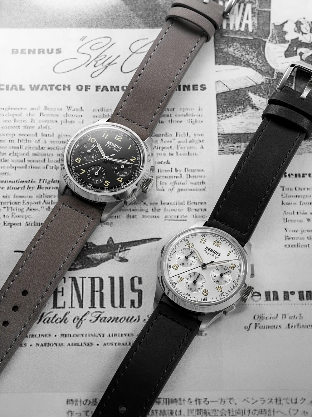 BENRUS Sky Chief Chronograph in Stratus Grey on grey leather strap