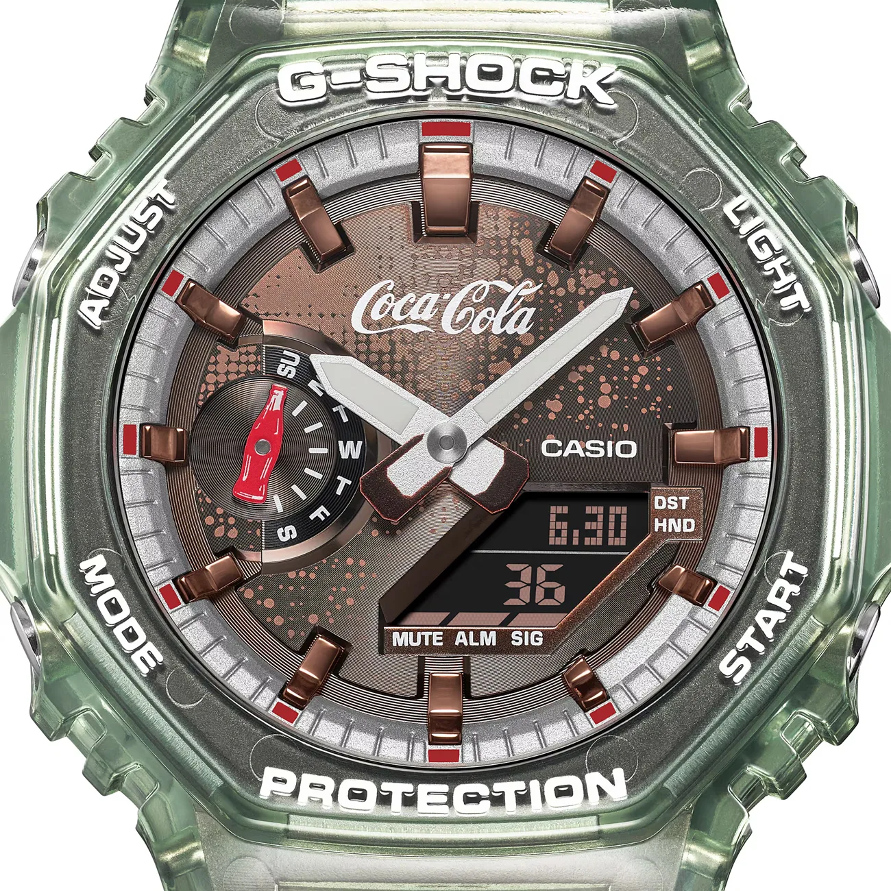 GA-2100CC-3A dial showing fluted bottle motif at 9 o'clock position