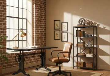 Industrial home office with exposed brick.