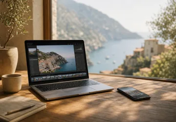 Laptop on wooden desk with scenic view outside.