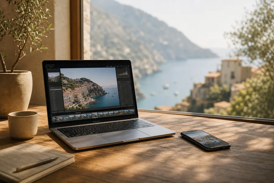 Laptop on wooden desk with scenic view outside.