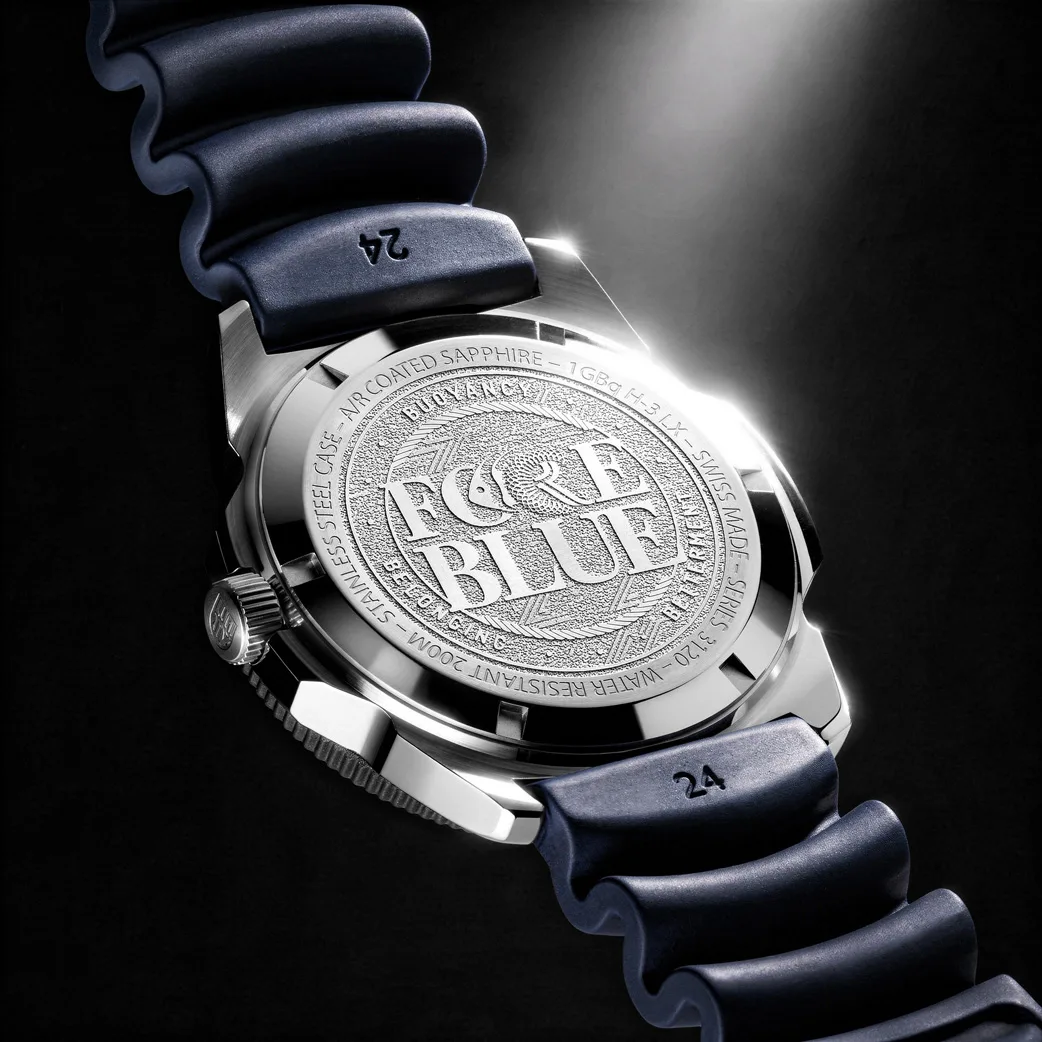 Force Blue branding on back of Luminox Force Blue dive watch