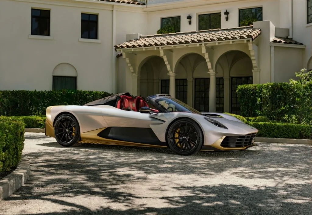 Aston Martin Valhalla Spider in profile with its roof removed.