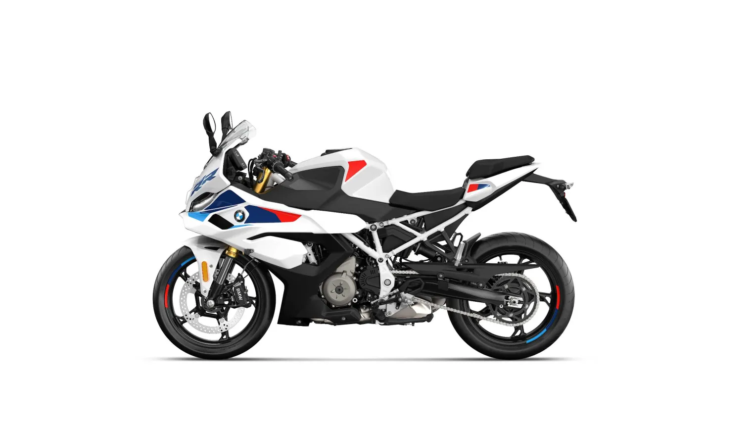 2027 BMW F 450 RR M Sport in Snaefell White with M Motorsport livery, studio side profile