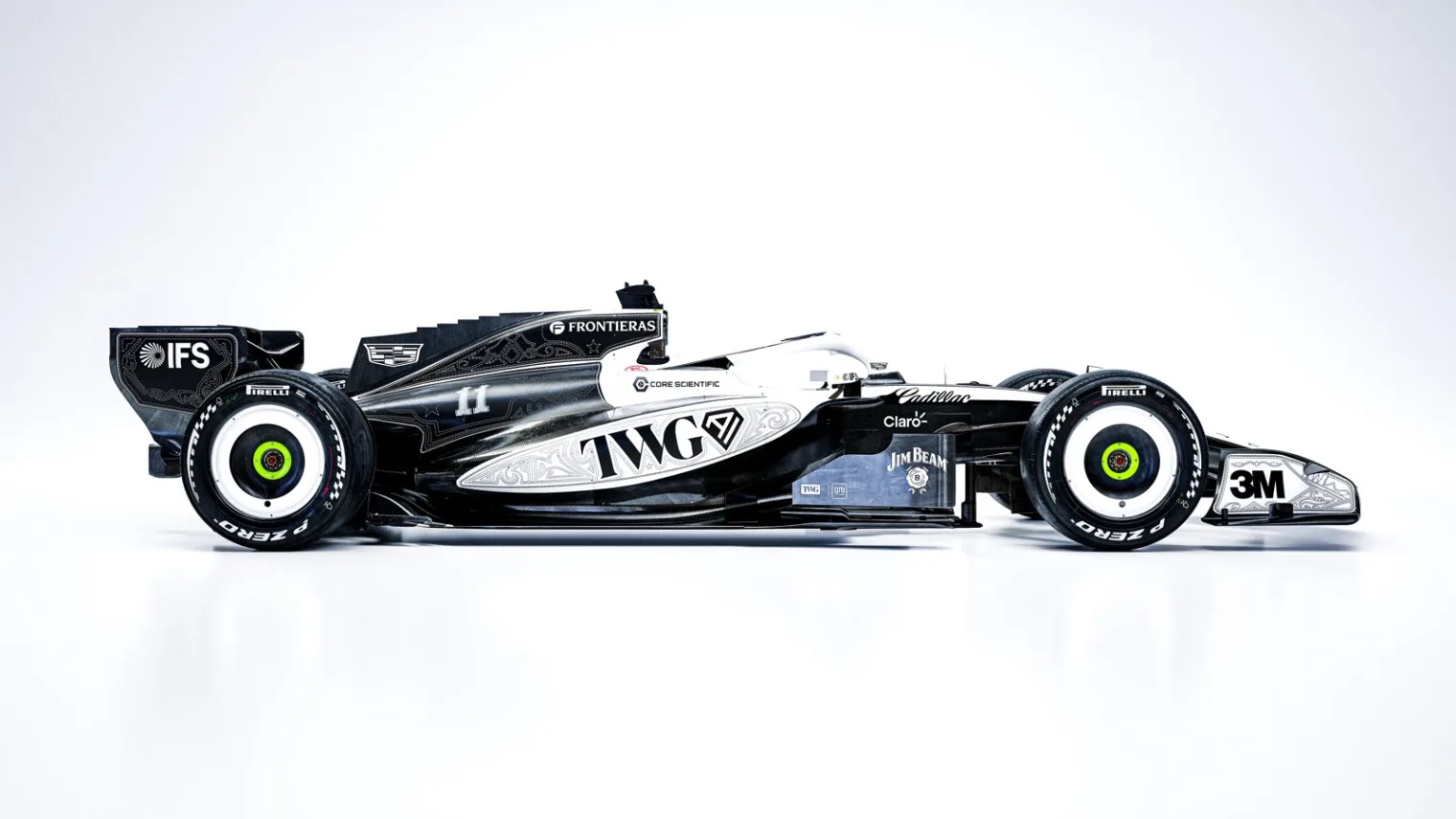 The Cadillac Formula 1 car in its Texas-themed livery with embroidered scrollwork for the United States Grand Prix
