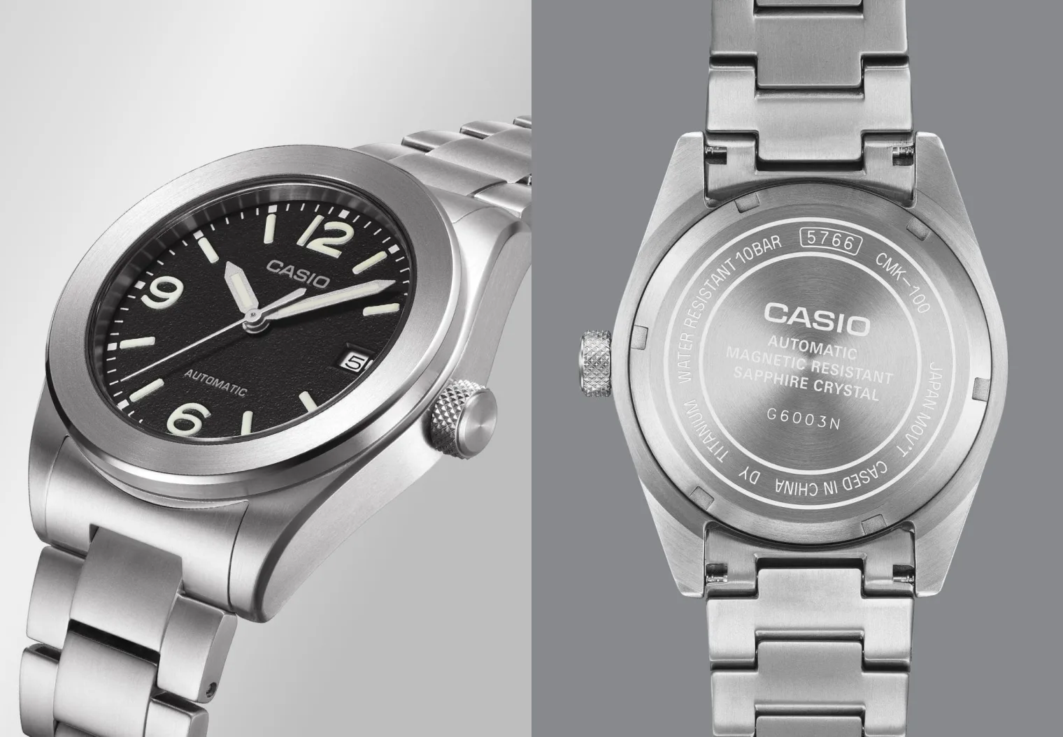 Casio CMK-100 titanium automatic field watch, front and case back views