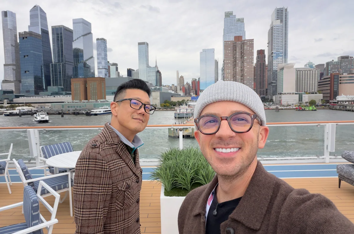 CruiseNews.com's Harrison Liu (Managing Editor) and Joe Miragliotta (Executive Producer) during American Ranger's sail away party from New York City