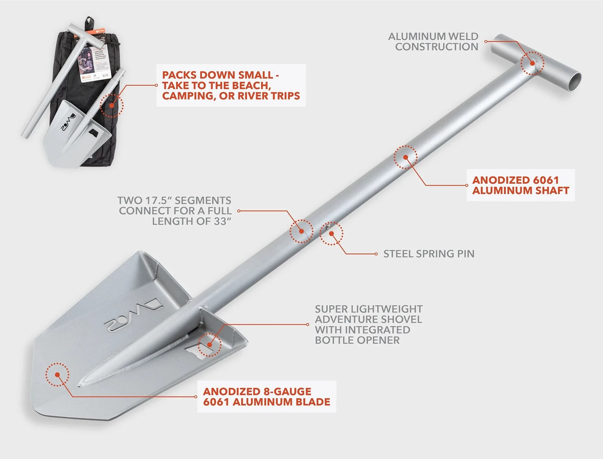 DMOS Nomad Pro collapsible aluminum shovel with sling bag