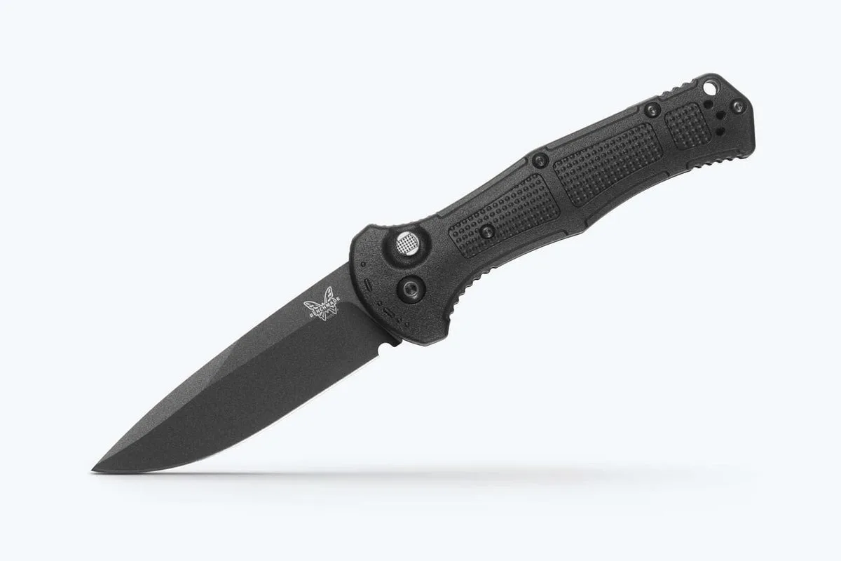 Benchmade Claymore automatic tactical knife with black Grivory handle and black Cerakote drop-point blade