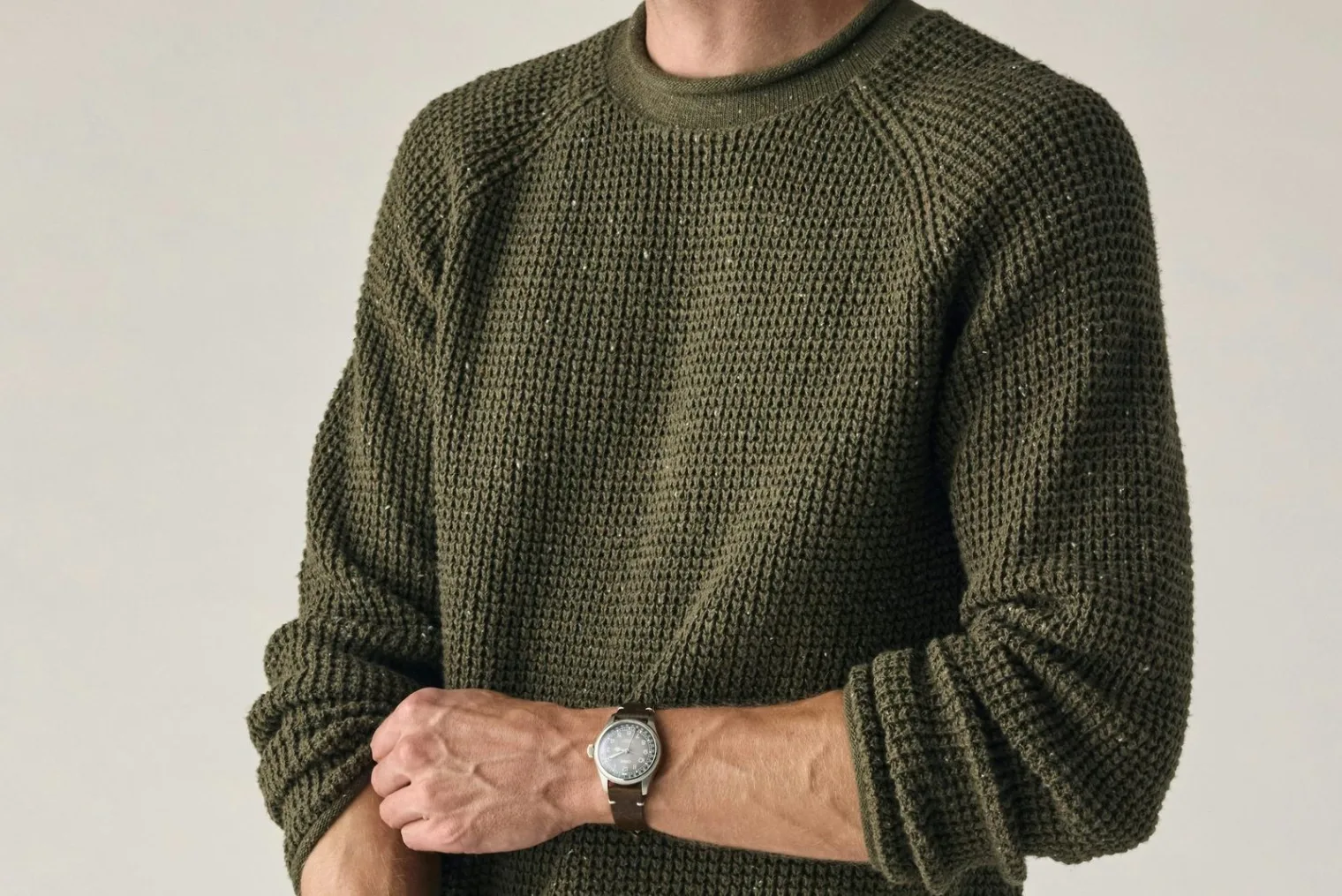 Flint and Tinder Headlands Roll-Neck Sweater in olive waffle knit, on model
