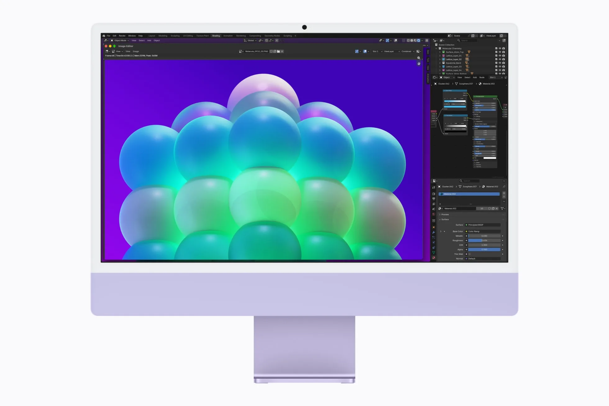 A Blender project displayed on the purple iMac with M6