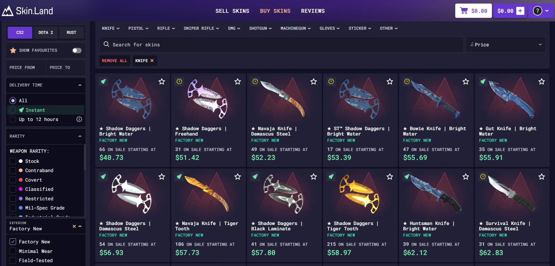 Skin.Land marketplace showing CS2 knife listings and prices