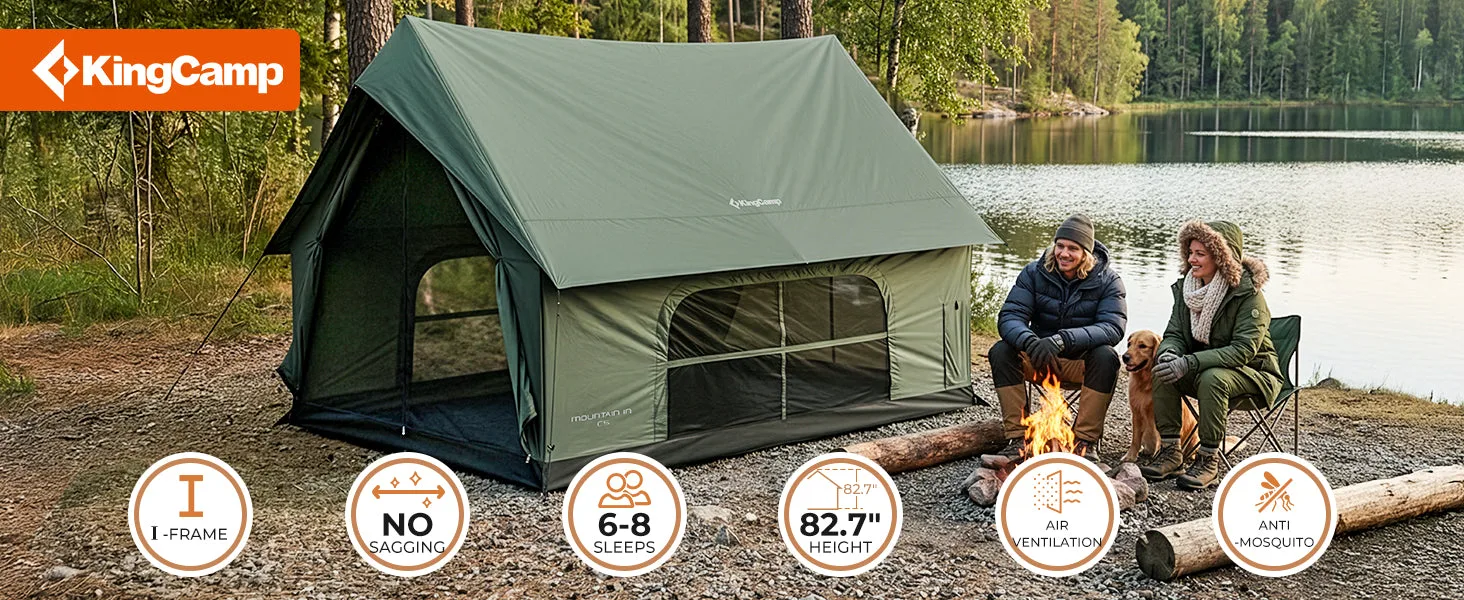 KingCamp Mountain in C5 green cabin tent pitched by a lake