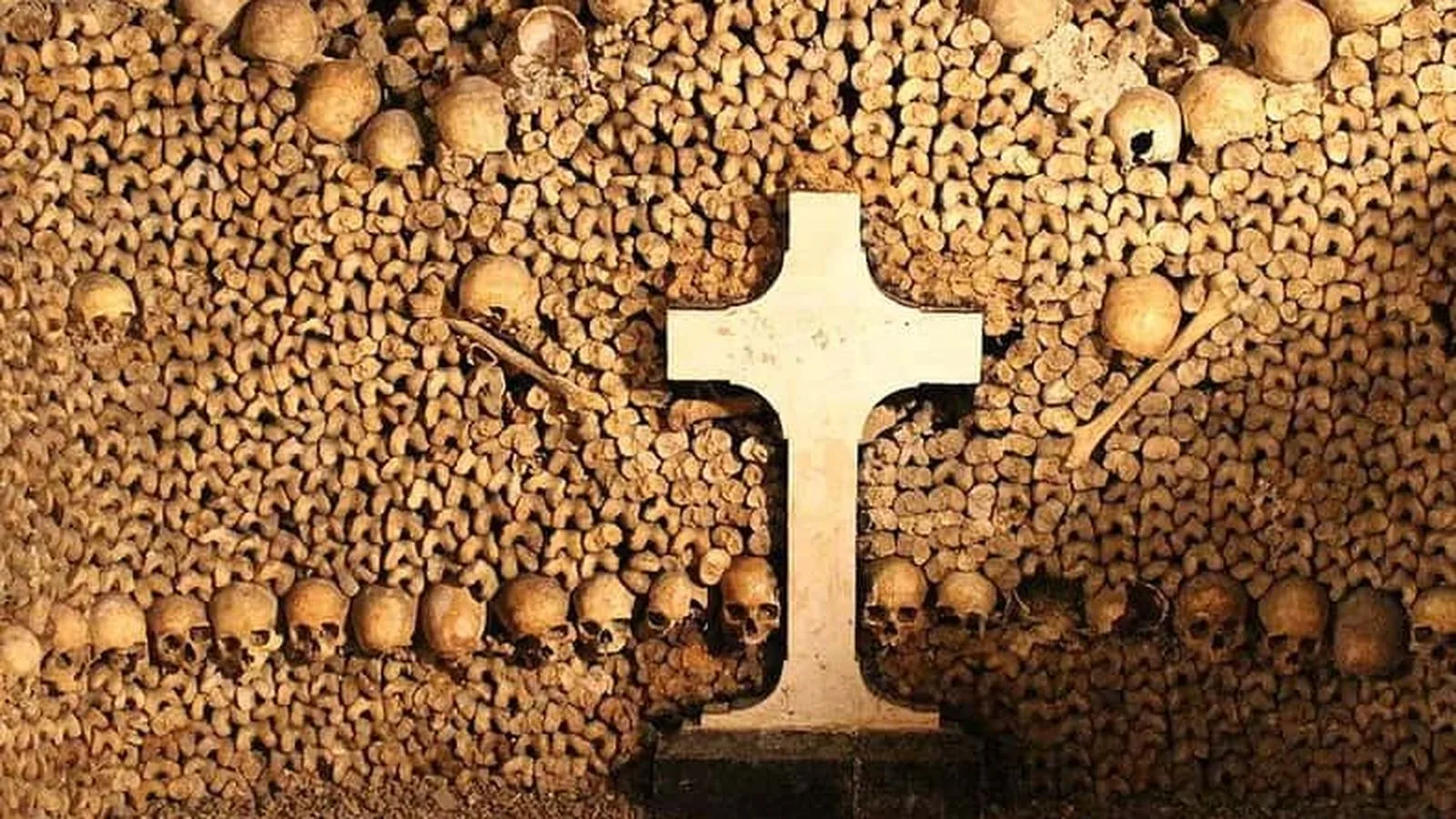 Skull and bone wall in the Paris Catacombs