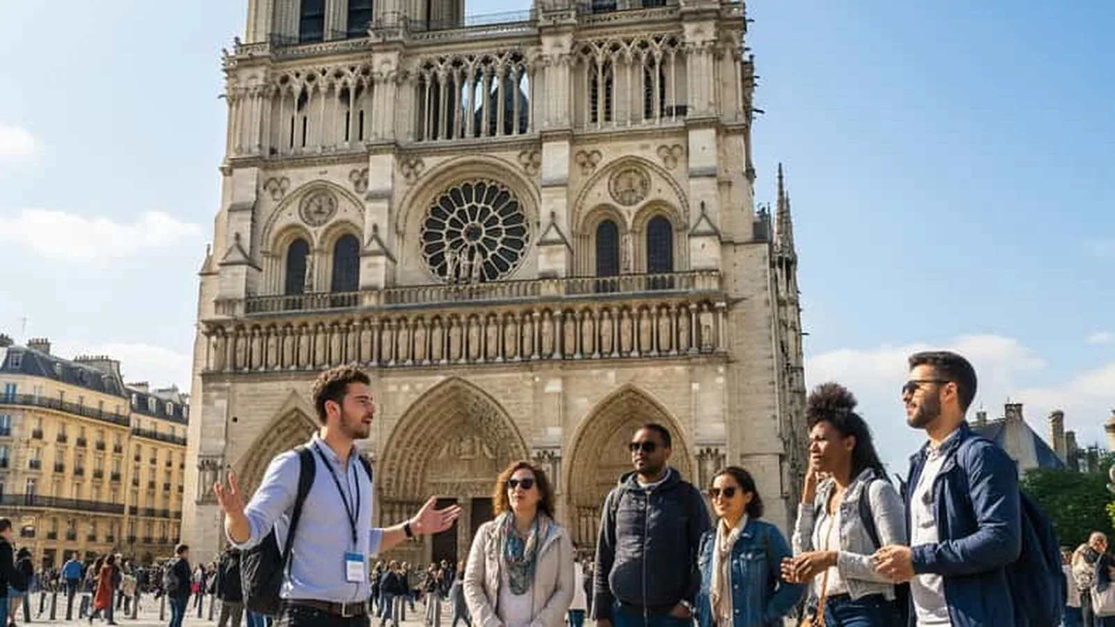 Tour group in front of Notre-Dame Cathedral