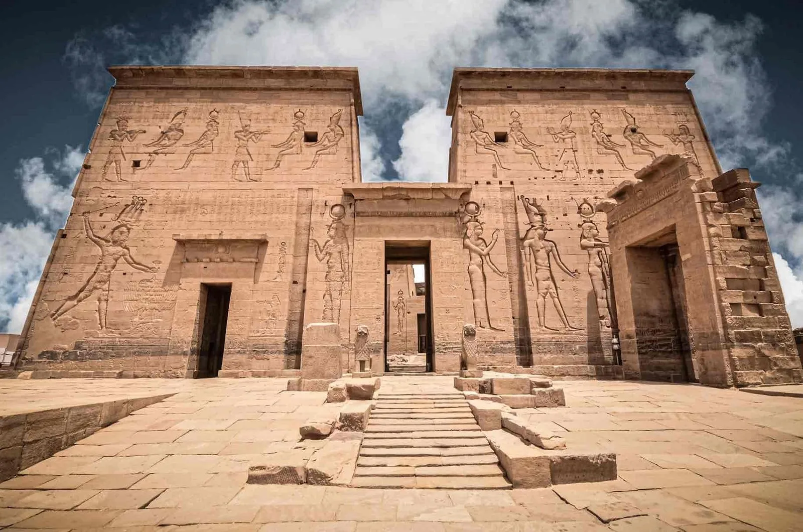 The carved pylon gateway of Philae Temple, the Temple of Isis, on its island near Aswan, Egypt