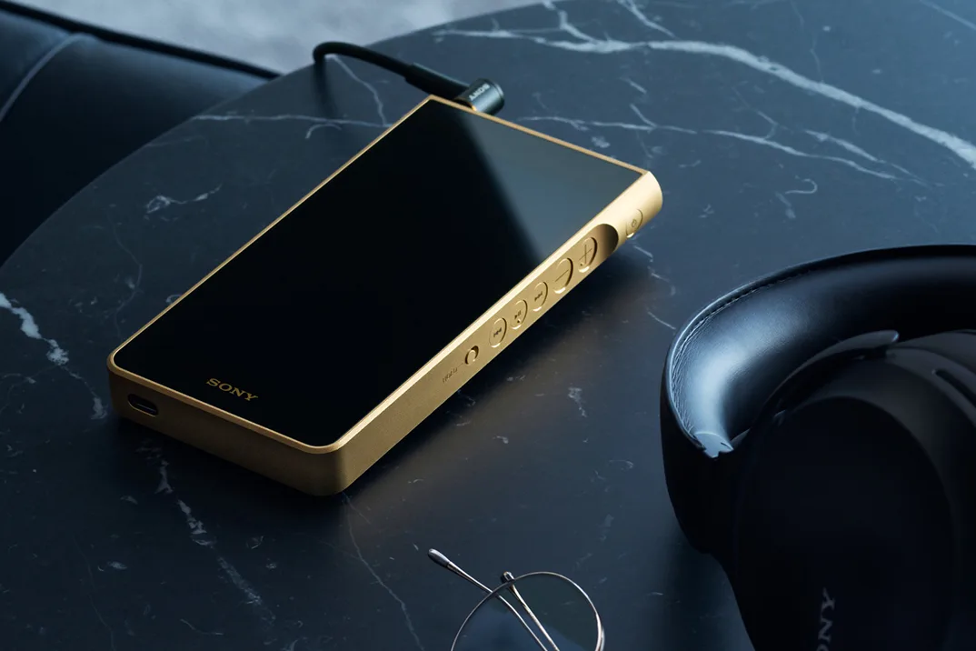 Sony NW-WM1ZM3 Walkman in gold on a marble table