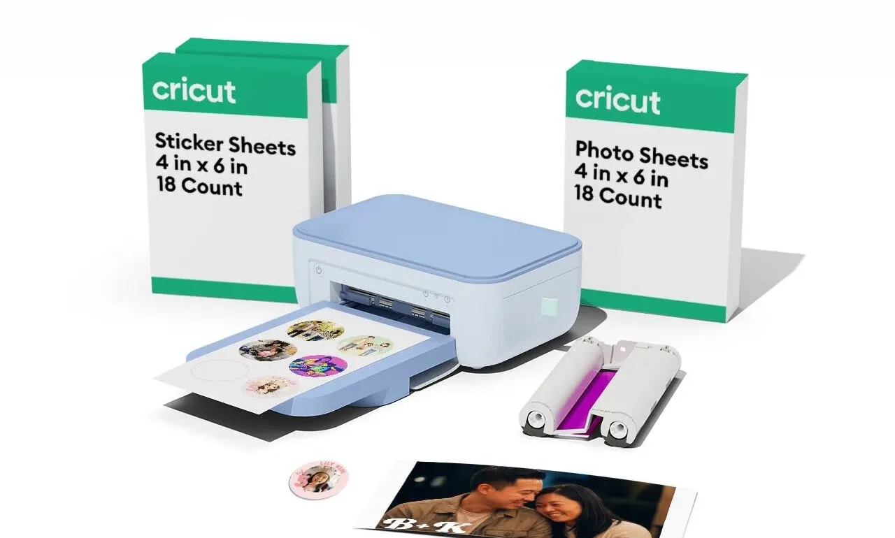 Cricut StickerPix Print Essential Bundle in Blue with sticker sheets, photo sheets, and ink cartridge