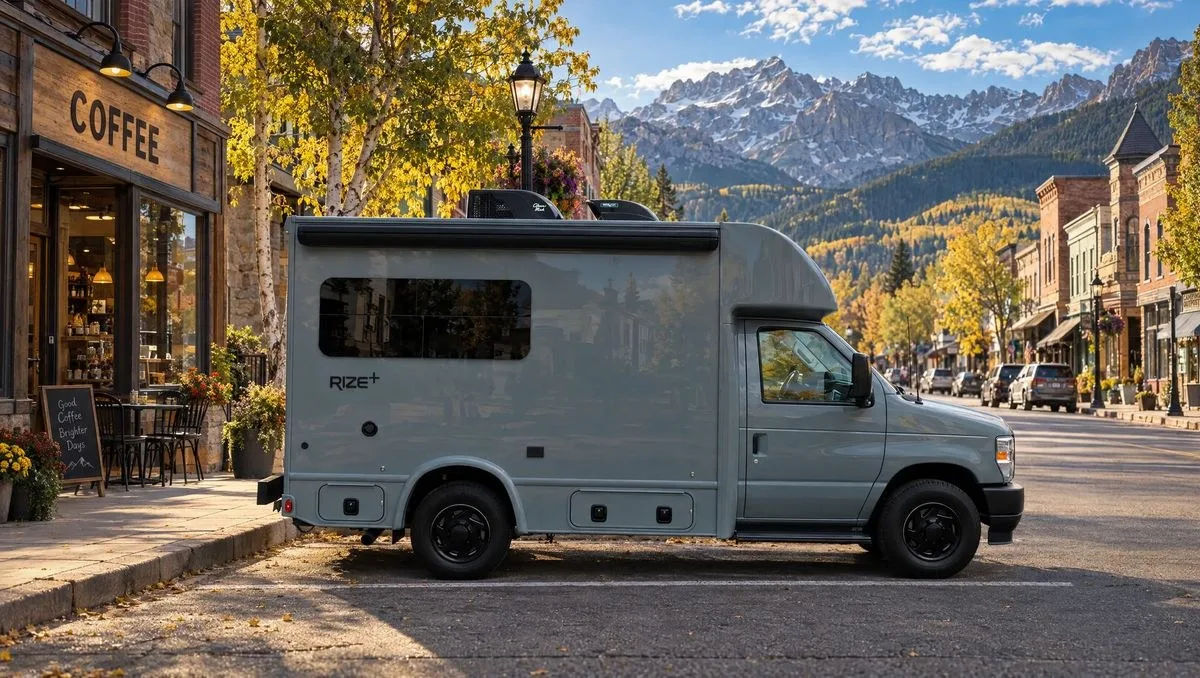 Thor Rize+ 18R camper in Switchback Gray parked on a mountain town street